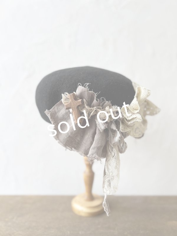 画像3: pollenbienco／アンティークレースのベレー帽・黒 (3)