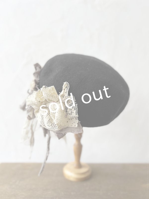 画像4: pollenbienco／アンティークレースのベレー帽・黒 (4)