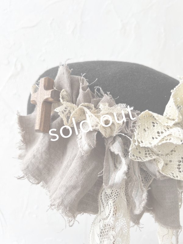 画像2: pollenbienco／アンティークレースのベレー帽・黒 (2)