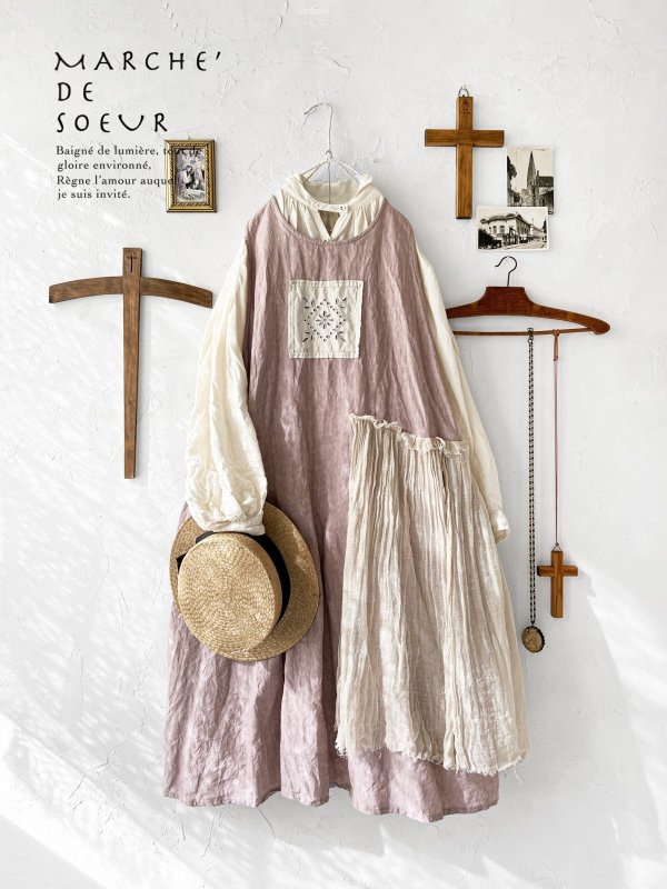 画像1: MARCHE' DE SOEUR／アンティークレース付きタブリエドレス・サクラ (1)