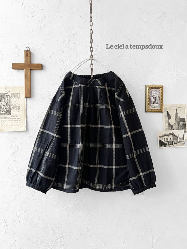 画像1: le ciel a tempsdoux／先染めチェックブラウス・黒 (1)