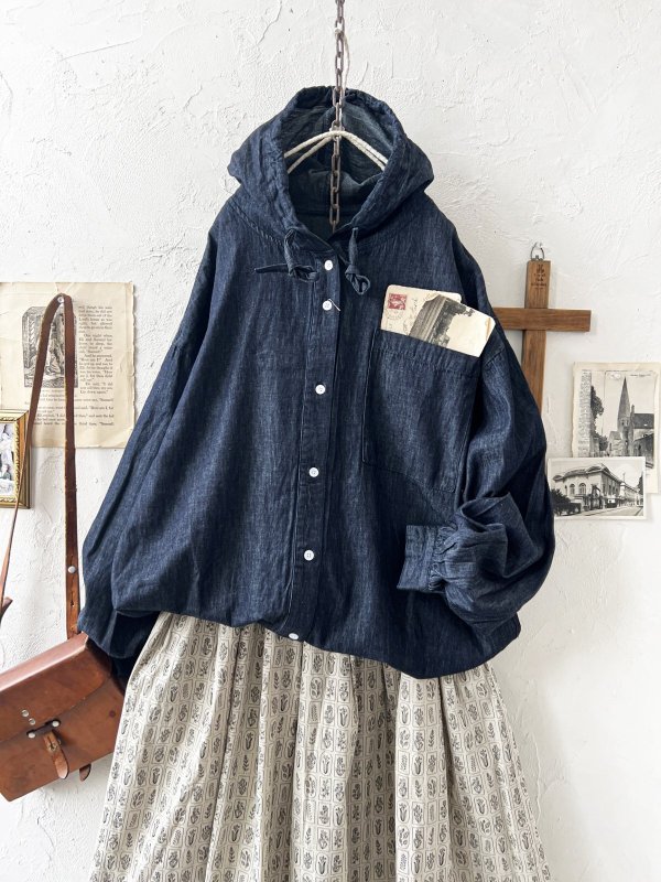 画像2: ubasoku/0017 フード付きデニムバルーンブラウス・インディゴ (2)
