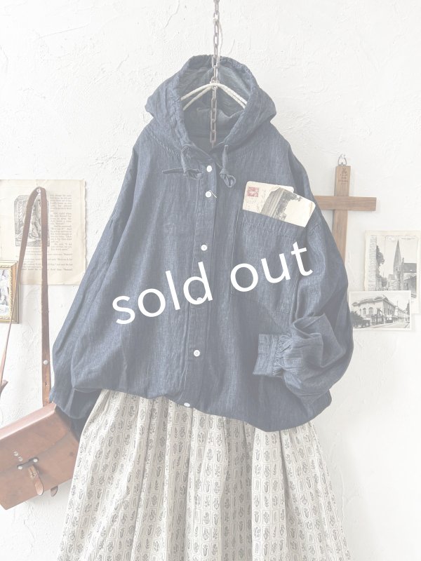 画像2: ubasoku/0017 フード付きデニムバルーンブラウス・インディゴ (2)