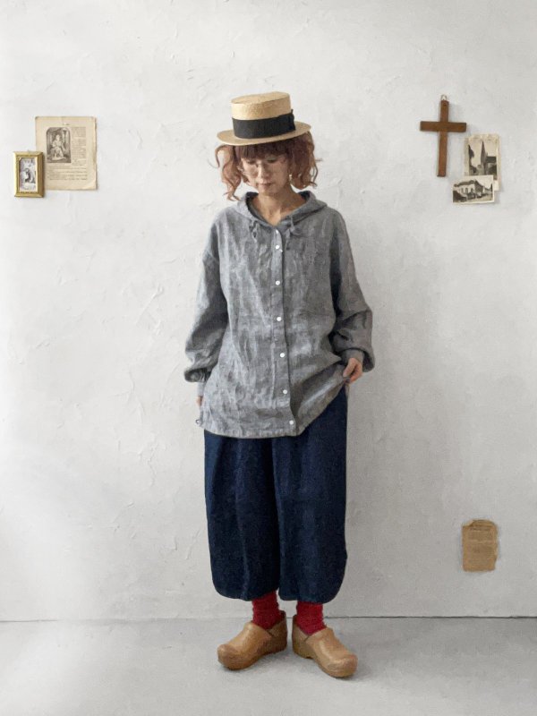 画像14: ubasoku/0017 フード付きデニムバルーンブラウス・インディゴ (14)