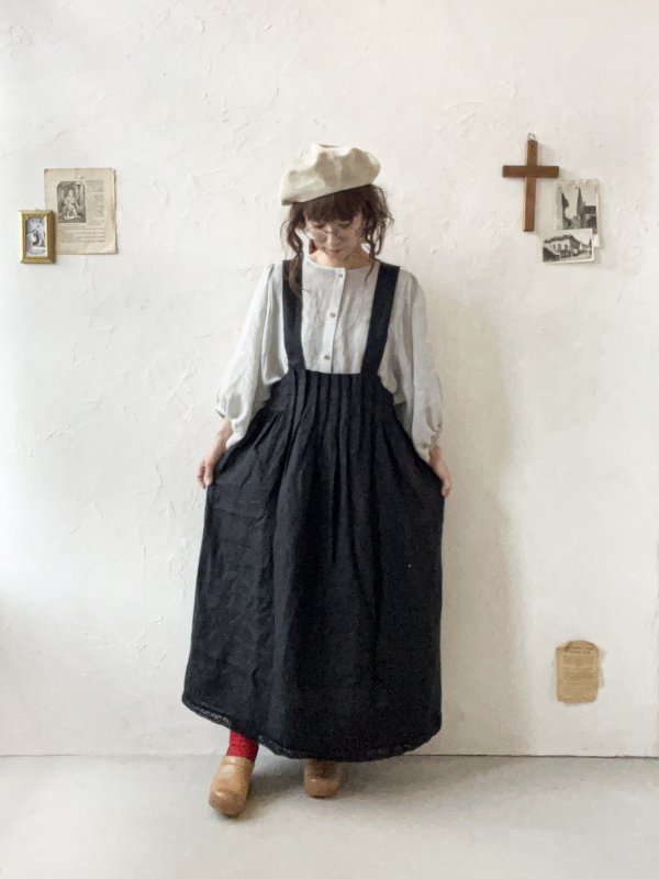 画像2: ubasoku/0023 裾レースのタックジャンパースカート・黒 (2)