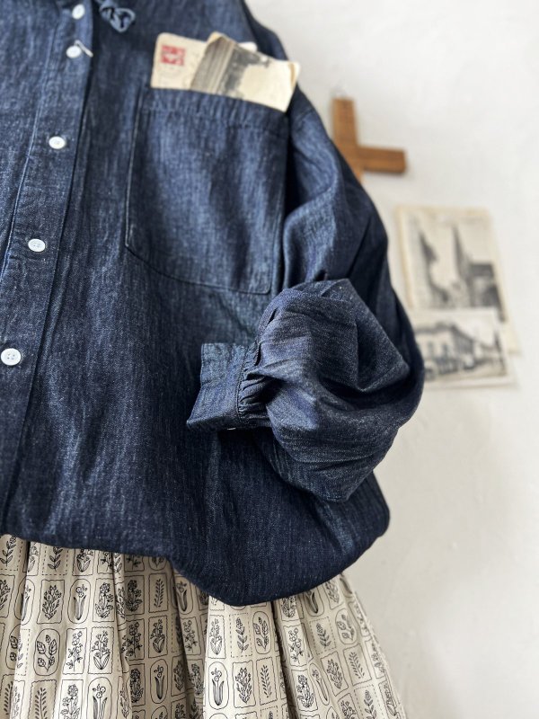 画像4: ubasoku/0017 フード付きデニムバルーンブラウス・インディゴ (4)