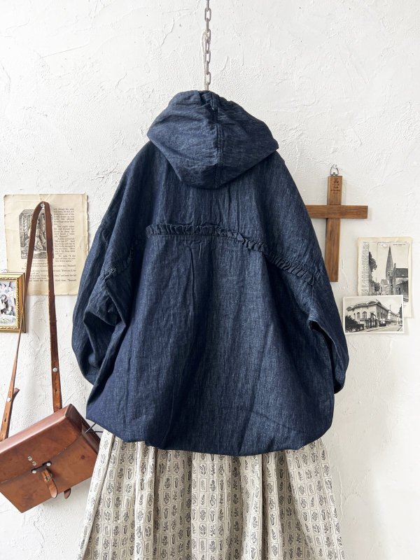 画像7: ubasoku/0017 フード付きデニムバルーンブラウス・インディゴ (7)