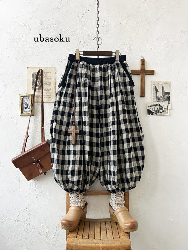 画像1: ubasoku/0054 ウエストリブボリュームパンツ・ブロックチェック (1)