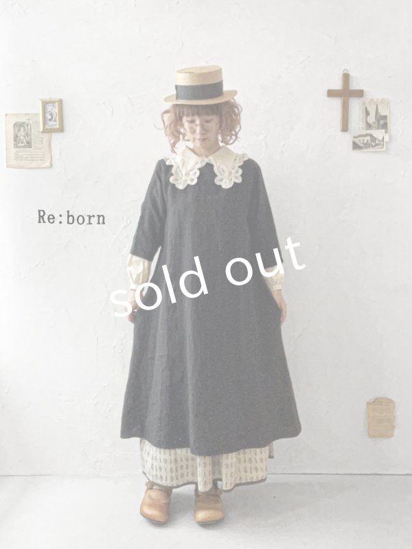 画像1: Re:born/リネン七分袖ワンピース・黒 (1)