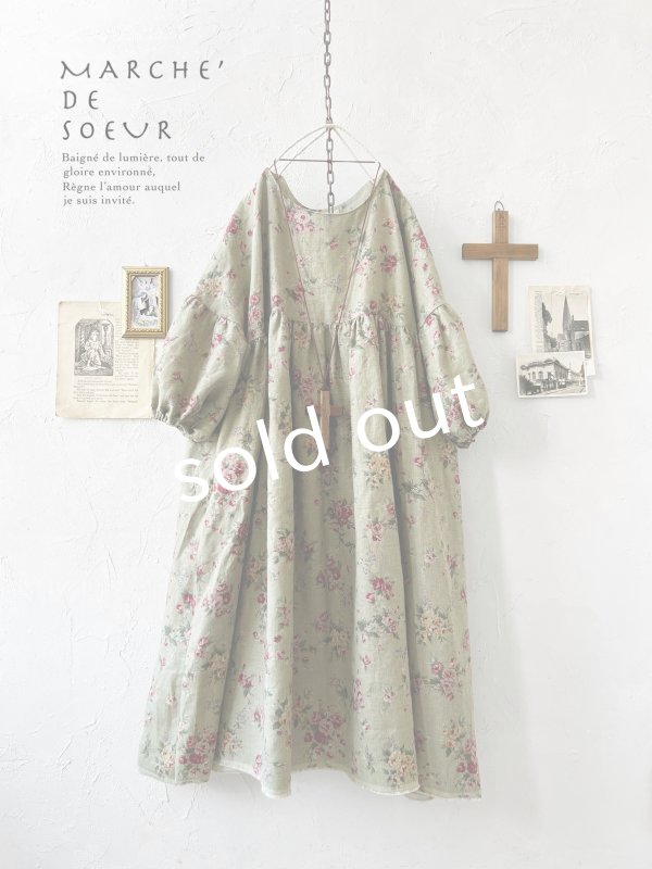 画像1: MARCHE' DE SOEUR／パフ袖チュニックワンピース・花柄モスグリーン (1)