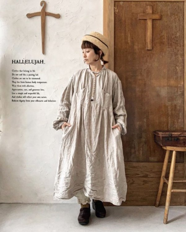 画像14: HALLELUJAH／1890's Bourgeron 羊飼いシャツワンピース・flax (14)