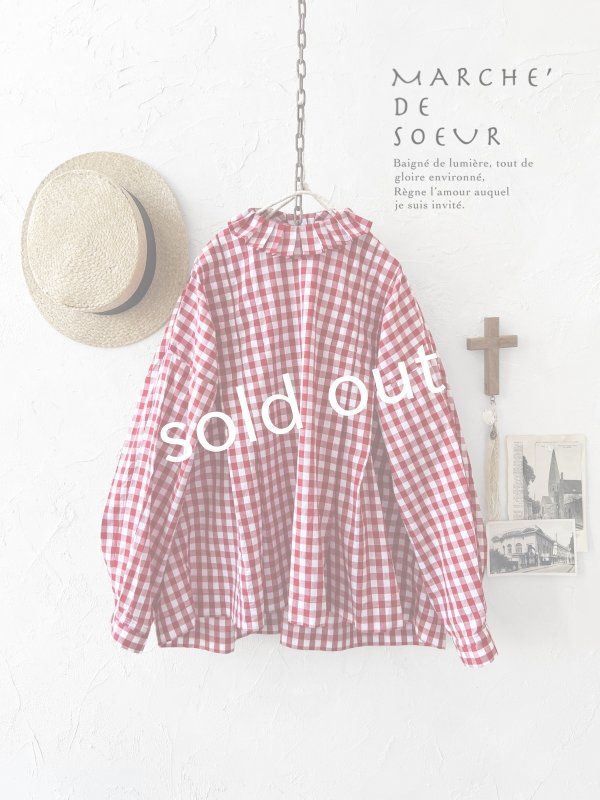 画像1: MARCHE' DE SOEUR／タックフリルカラーブラウス・赤ギンガム (1)