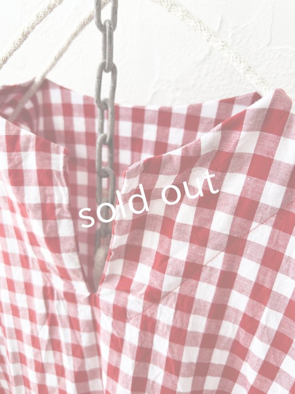 画像4: MARCHE' DE SOEUR／スキッパーギャザーワンピース・赤ギンガム (4)