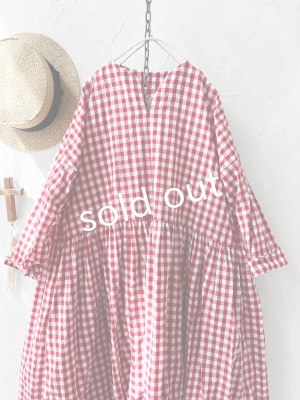 画像3: MARCHE' DE SOEUR／スキッパーギャザーワンピース・赤ギンガム (3)