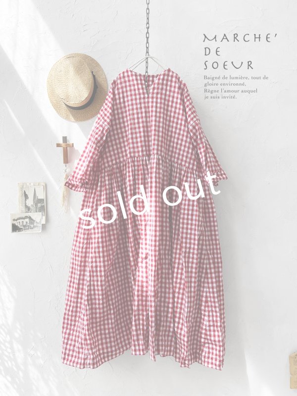画像2: MARCHE' DE SOEUR／スキッパーギャザーワンピース・赤ギンガム (2)