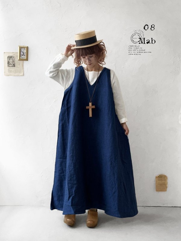 画像1: 08mab/重ね着風ワンピース・インディゴ×オフ (1)