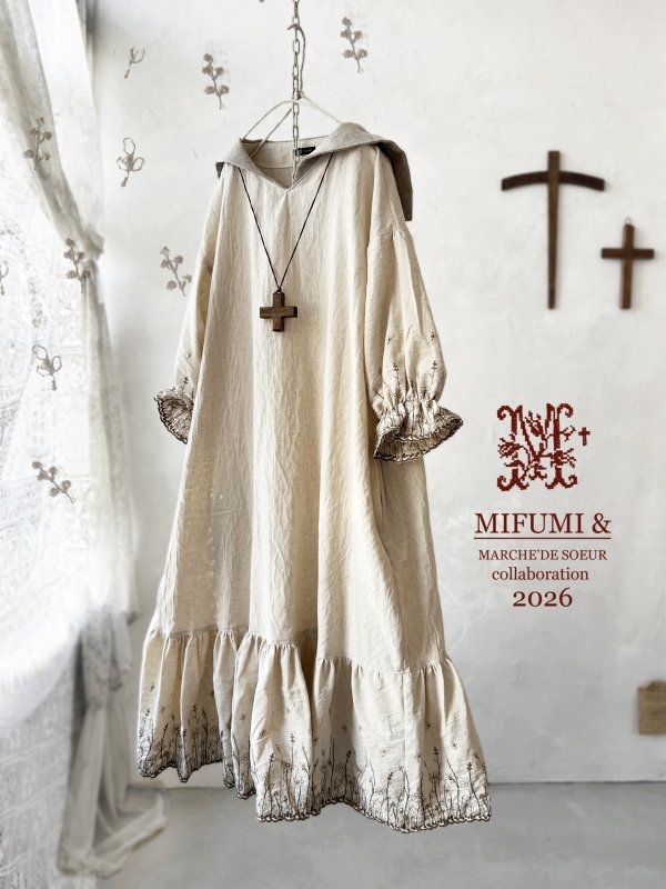 画像1: 【4/24(金)21時から販売】MIFUMIコラボ／sarahのワンピース・カーキロンド刺繍＆bag (1)