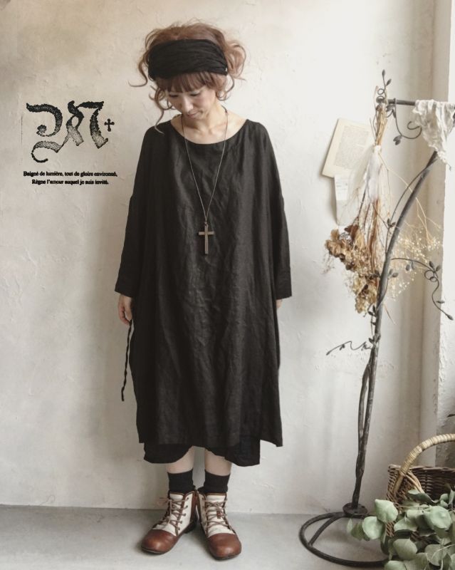 Marche De Soeur ギャザースモックワンピース リネンブラック Marche De Soeur