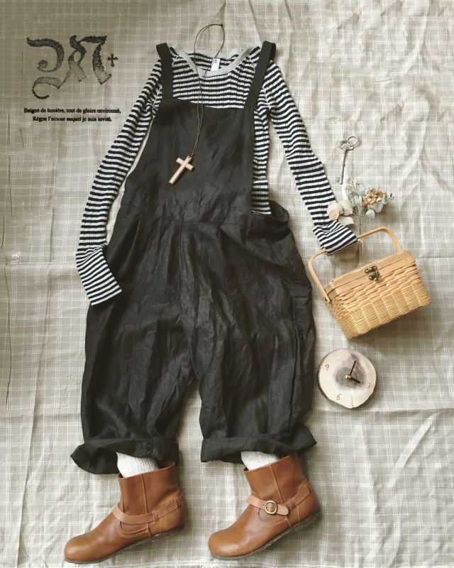 MARCHE' DE SOEUR／リネンサロペットパンツ・スミクロ