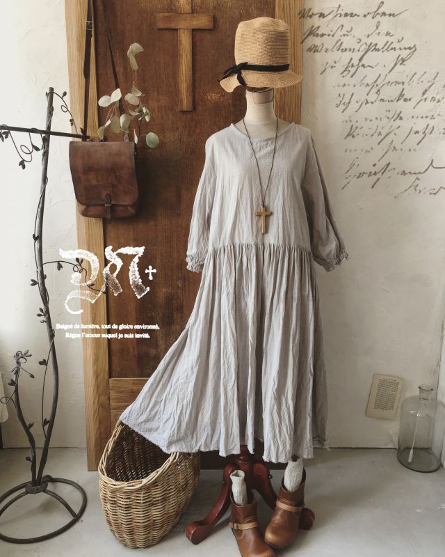 Marche De Soeur パフスリーブギャザーワンピース グレージュ Marche De Soeur