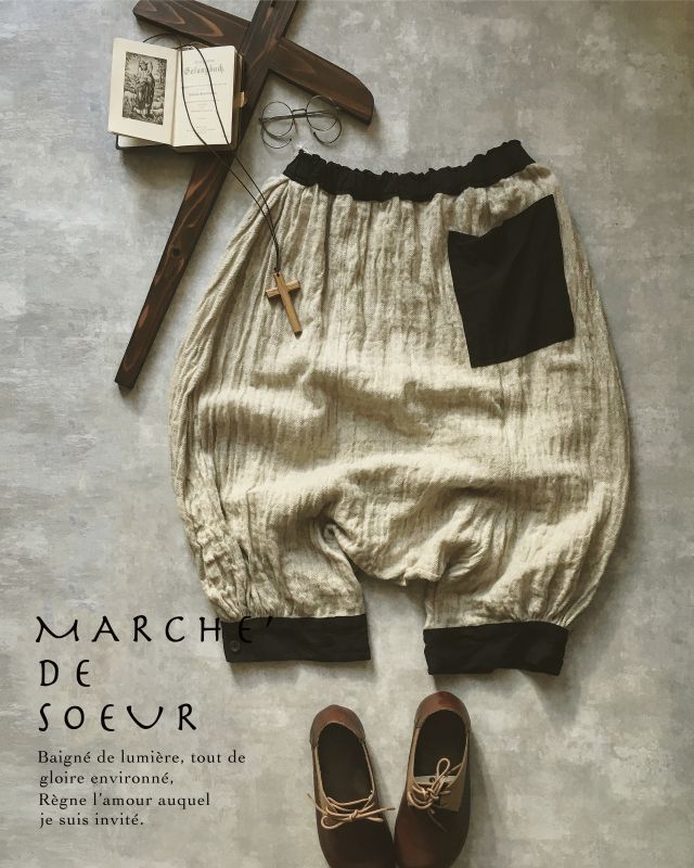 MARCHE' DE SOEUR/ウールリネン王様パンツ（長め丈）・オフ×黒