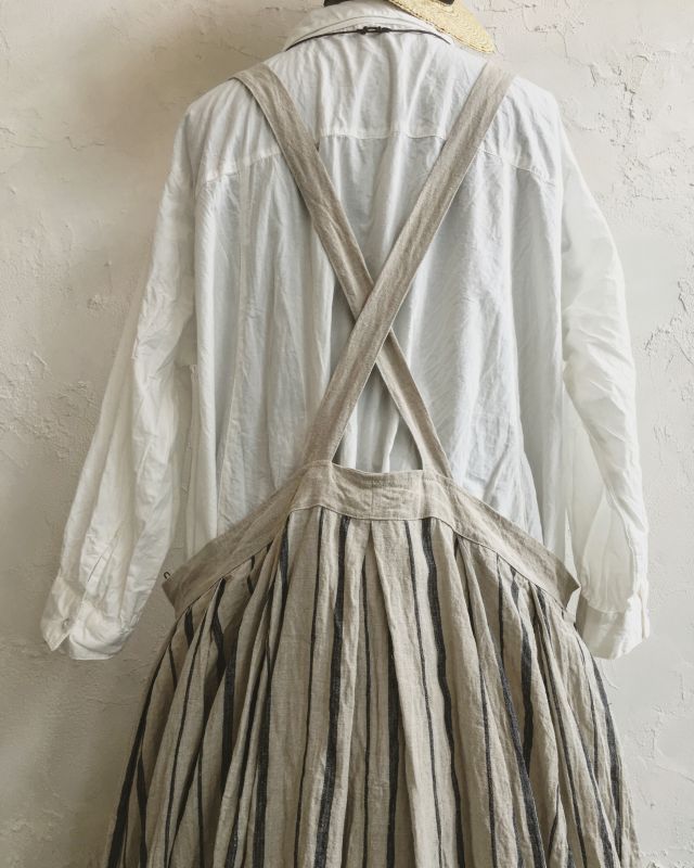 MARCHE' DE SOEUR／ストライプエプロンワンピース・ワッシャーリネン生成り