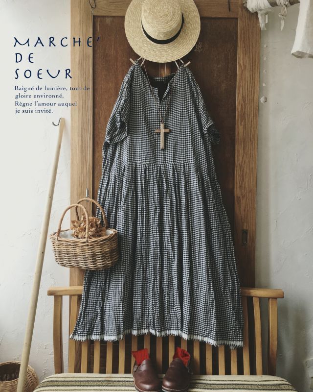 Marche De Soeur 半袖タックワンピース ネイビーギンガム Marche De Soeur