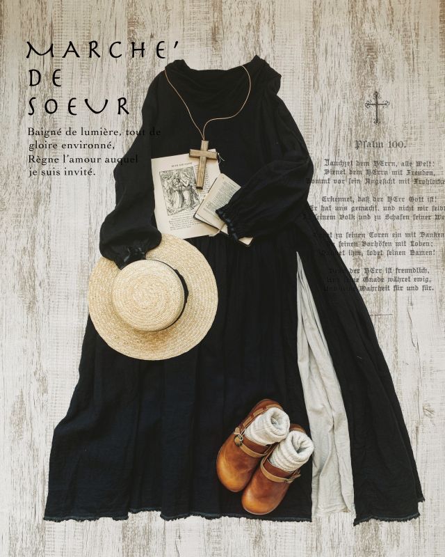 MARCHE' DE SOEUR/くしゅ襟ギャザー切り替えワンピース・黒