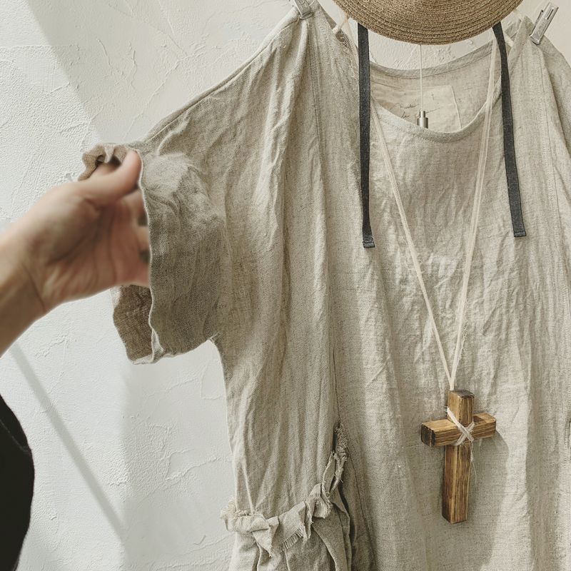 Marche De Soeur 半袖サイドタックワンピース 赤耳リネン Marche De Soeur