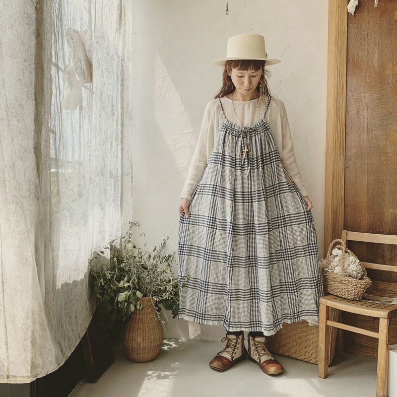 Marche De Soeur リボンキャミワンピース ネイビーチェック Marche De Soeur