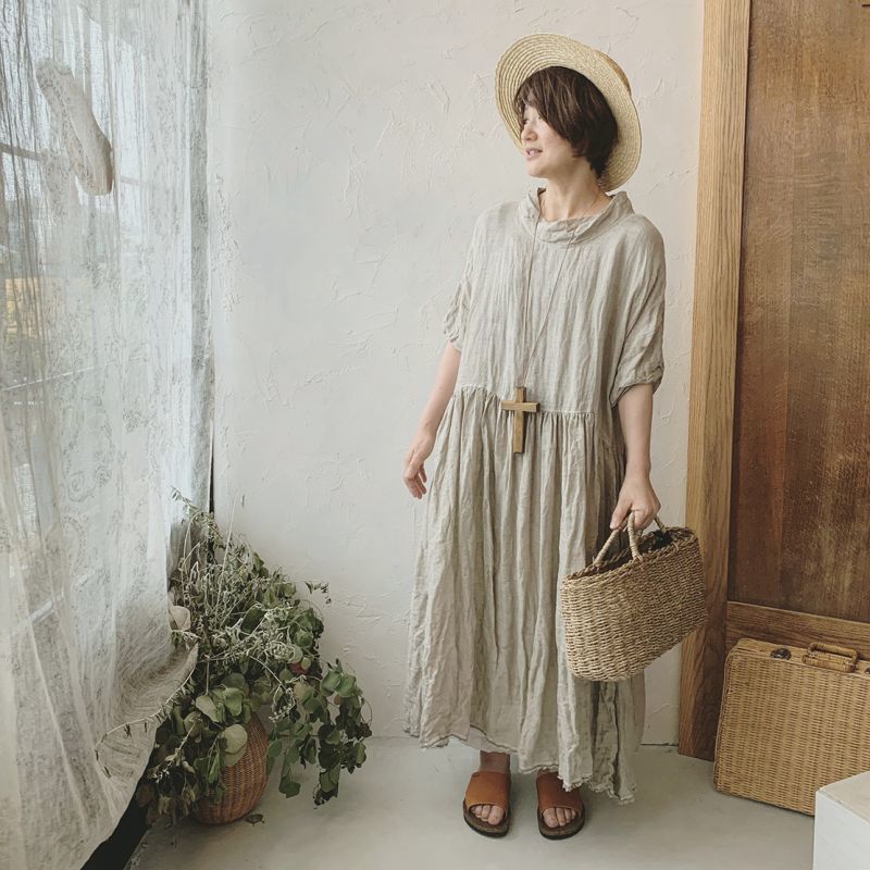MARCHE' DE SOEUR／フルフィーネック半袖ワンピース・リネンガーゼ