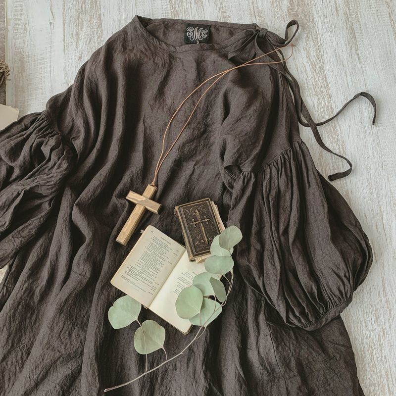 Mifumi ブッファンお袖の肩リボンワンピース こげ茶 Marche De Soeur