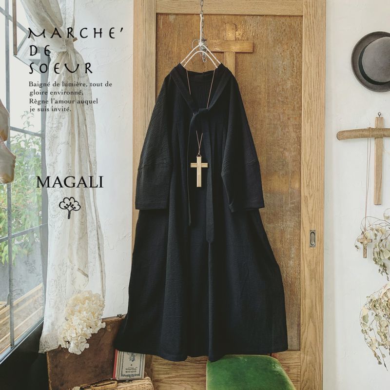 Magali 東炊きコットンリネン オフタートルワンピース アンティークブラック Marche De Soeur