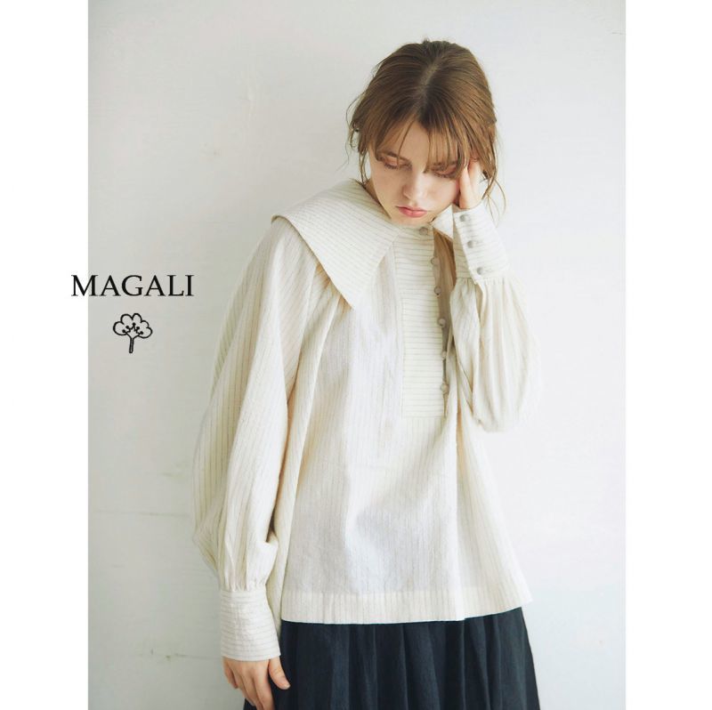 MAGALI /天日干しコットンリネン アンティーク襟ブラウス・ベージュ