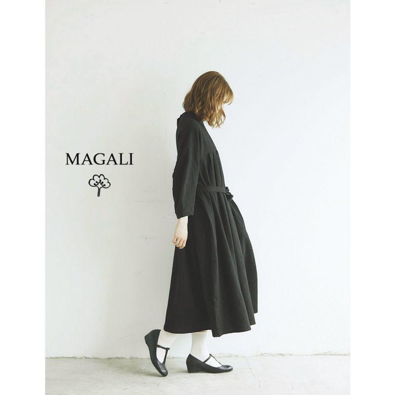 MAGALI /東炊きコットンリネン オフタートルワンピース・アンティークブラック