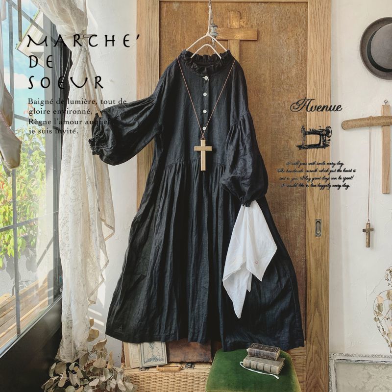 Avenue フリル襟のパフ袖ワンピース 黒 Marche De Soeur