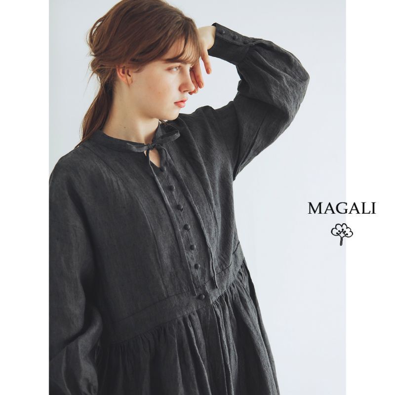 MAGALI シャンブレーリネン比翼ギャザーワンピース