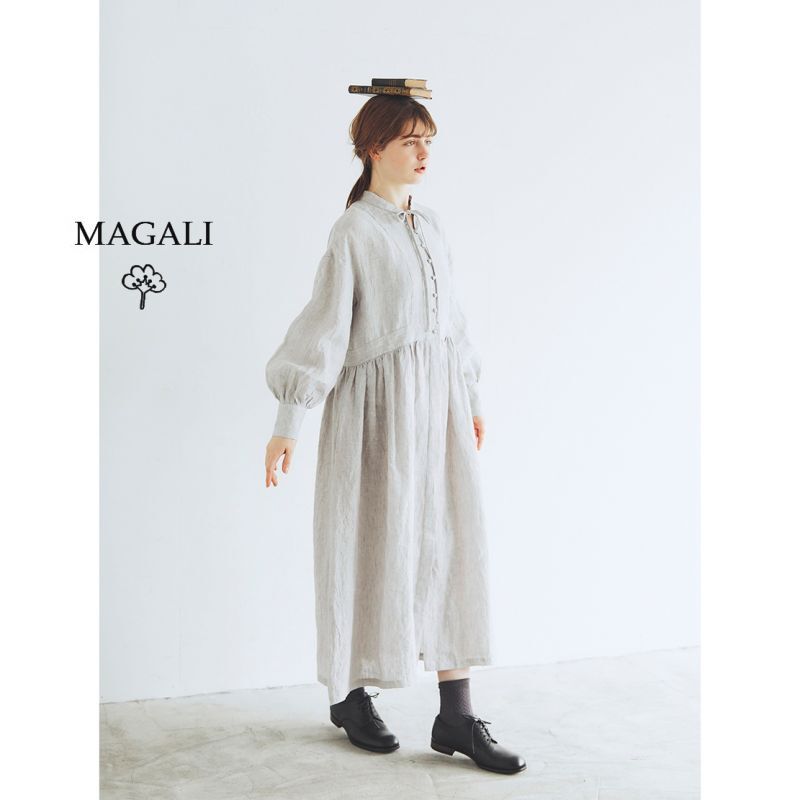 MAGALI シャンブレーリネン比翼ギャザーワンピース