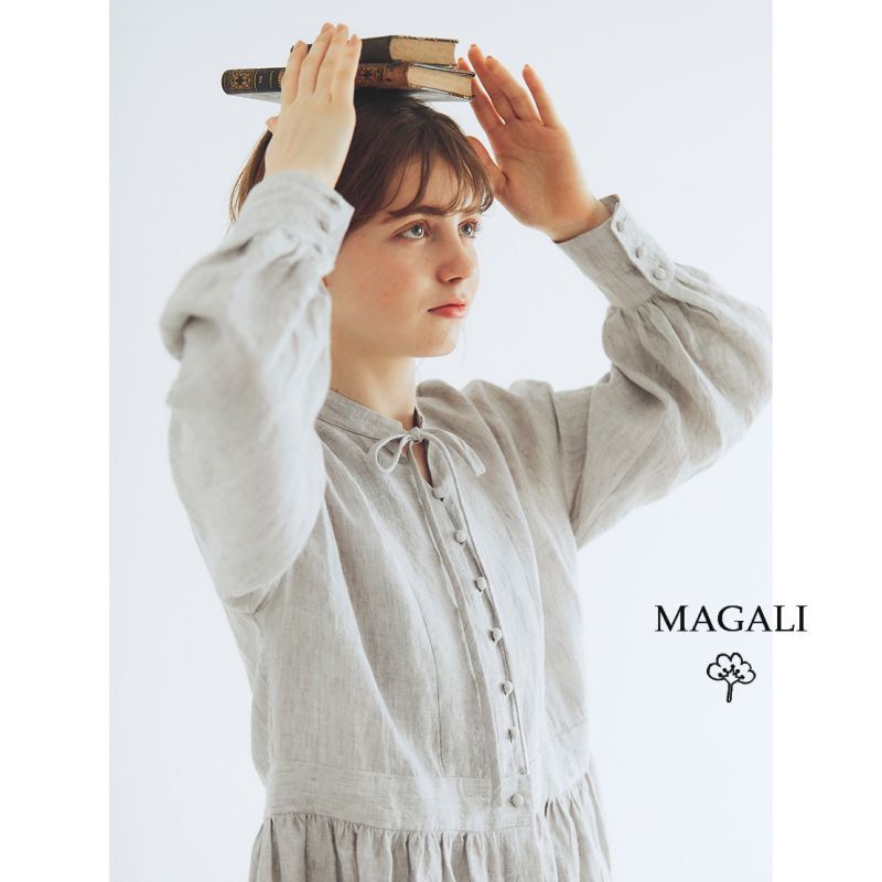 MAGALI シャンブレーリネン比翼ギャザーワンピース