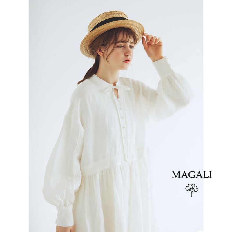 MAGALI /シャンブレーリネン比翼ギャザーワンピース・オフ