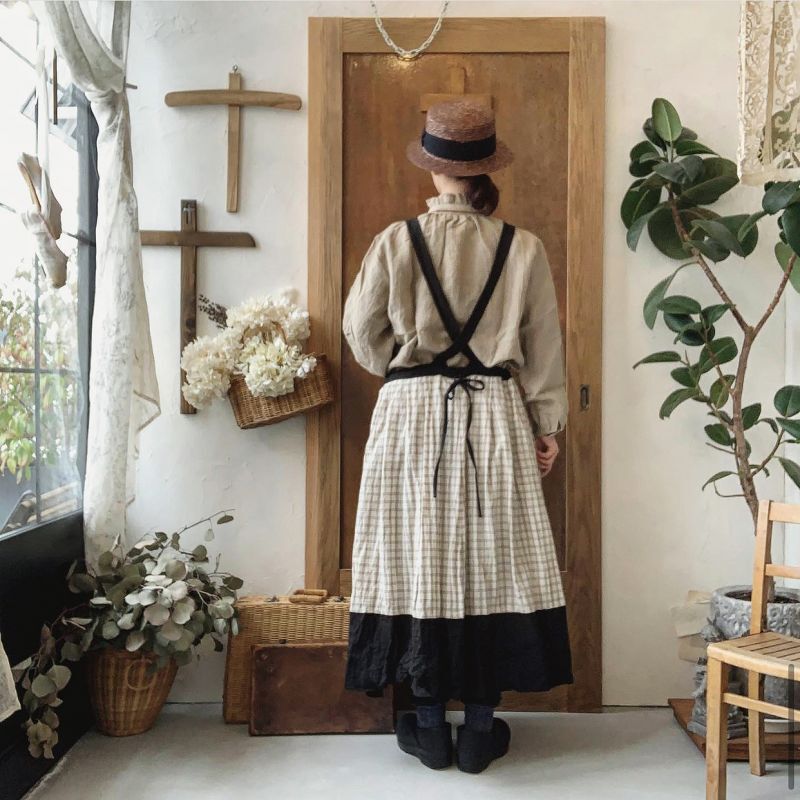 Marche De Soeur バイカラーエプロンワンピース きなりチェック 黒 Marche De Soeur