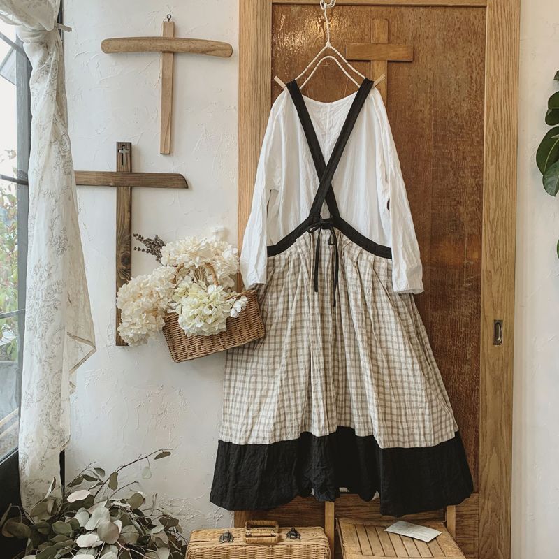 Marche De Soeur バイカラーエプロンワンピース きなりチェック 黒 Marche De Soeur