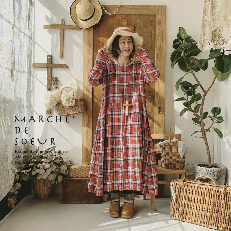 MARCHE' DE SOEUR／サイドタックワンピース・赤チェックリネン