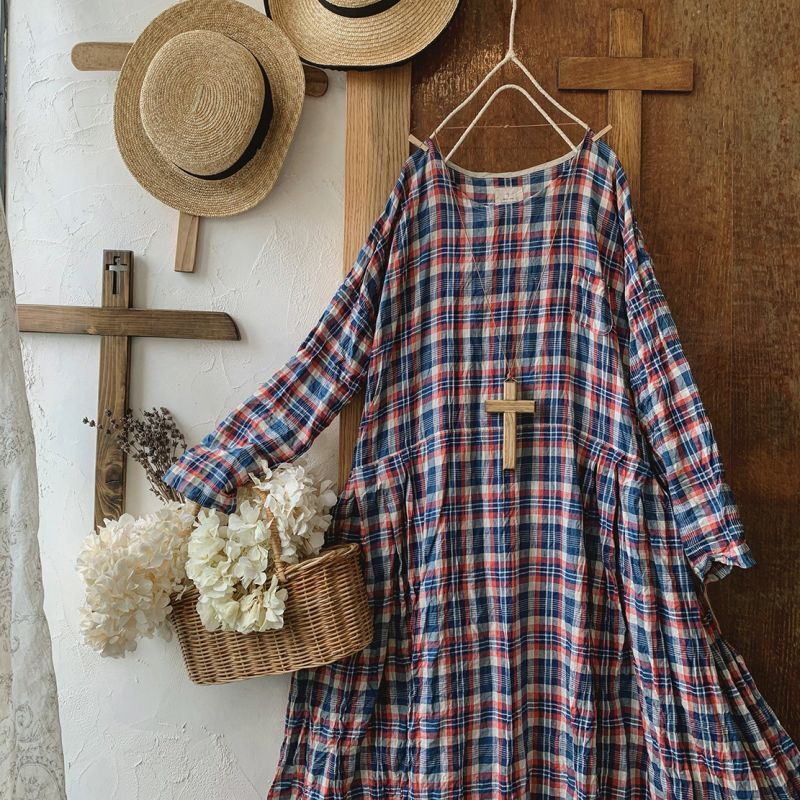 Marche De Soeur サイドタックワンピース 青チェックリネン Marche De Soeur