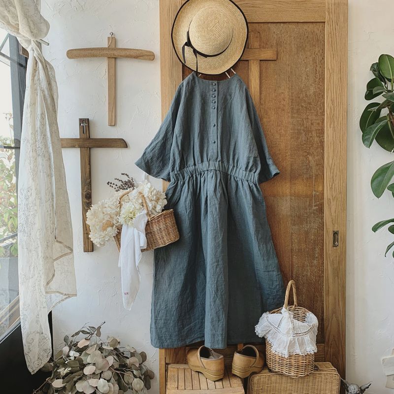 MAGALI /スラブリネンギャザーワンピース・フォグブルー - MARCHE 