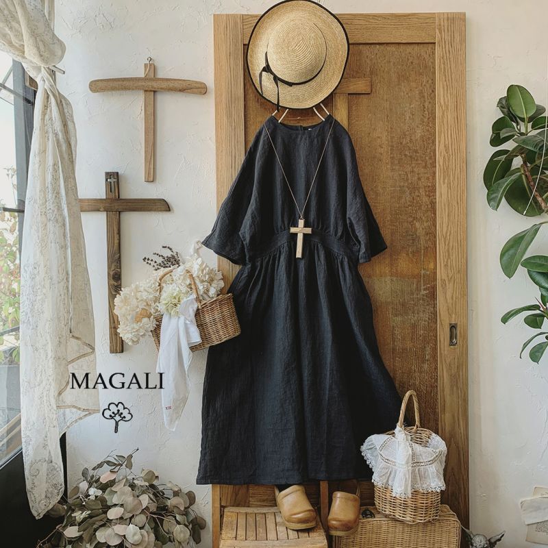 MAGALI /スラブリネンギャザーワンピース・チャコール - MARCHE  