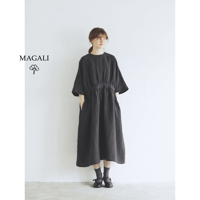 MAGALI /スラブリネンギャザーワンピース・チャコール