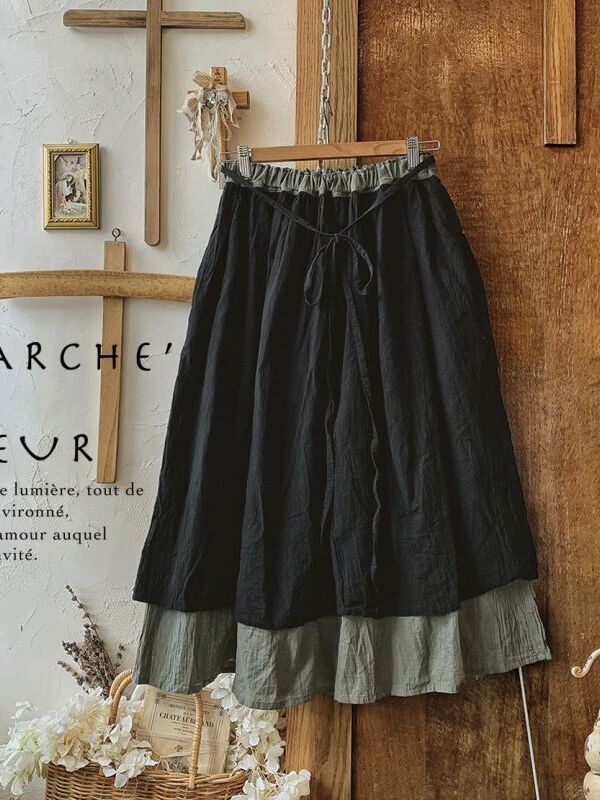 MARCHE' DE SOEUR／二枚仕立てのギャザースカート・黒 - MARCHE' DE SOEUR