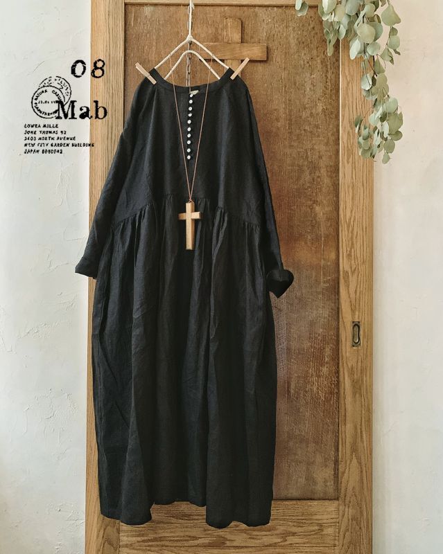 08mab 多ボタンギャザーワンピース 黒 Marche De Soeur
