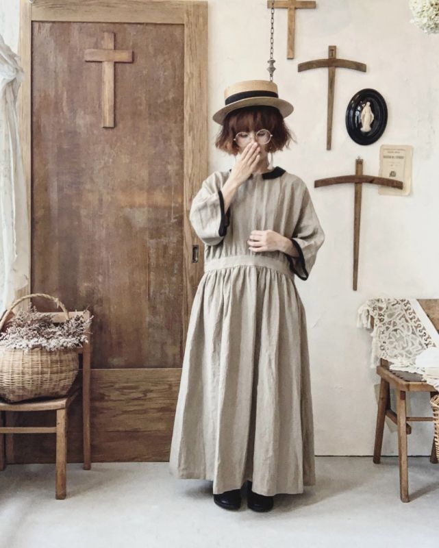 ▽▽magali ベルギーリネンブラウジング ワンピース ブラック（ANDMARY  